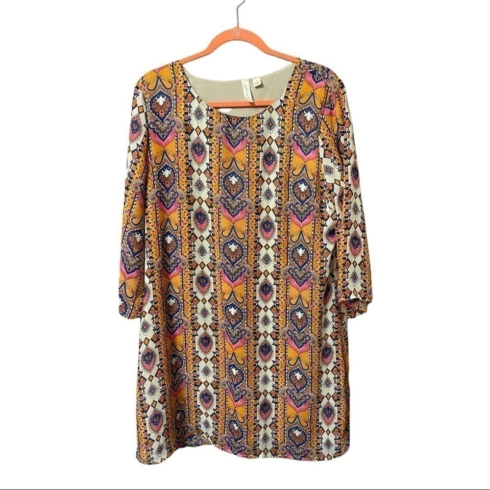 TACERA boho geo vertical print multi color midi shift dress pull on size large.